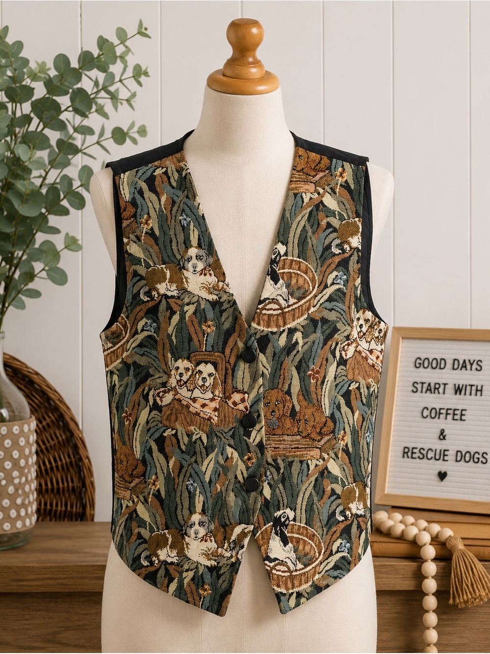 Cabin Creek Vintage 90s Puppy Dog Button Down Vest Size Large Black Brown Green